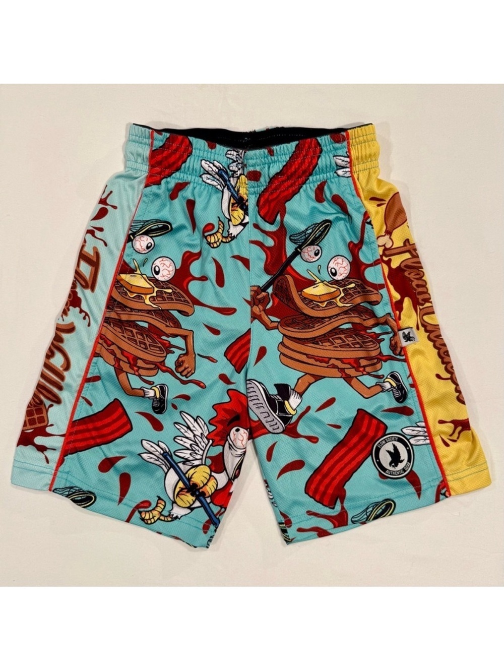 Flow Society Chicken and Waffles Attack Lacrosse Shorts Boys Large Summer Bacon